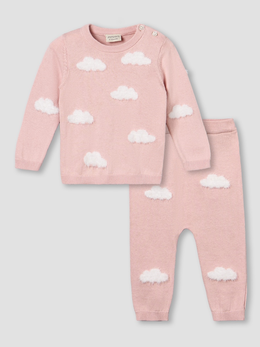 Cotton Round Neck Long Sleeves Pyjama Set with Cloud Knit Design