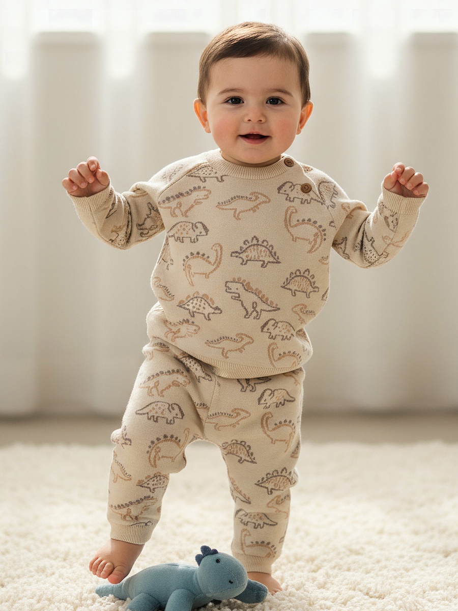 Cotton Long Sleeves Pyjama Set with Dinosaur Print