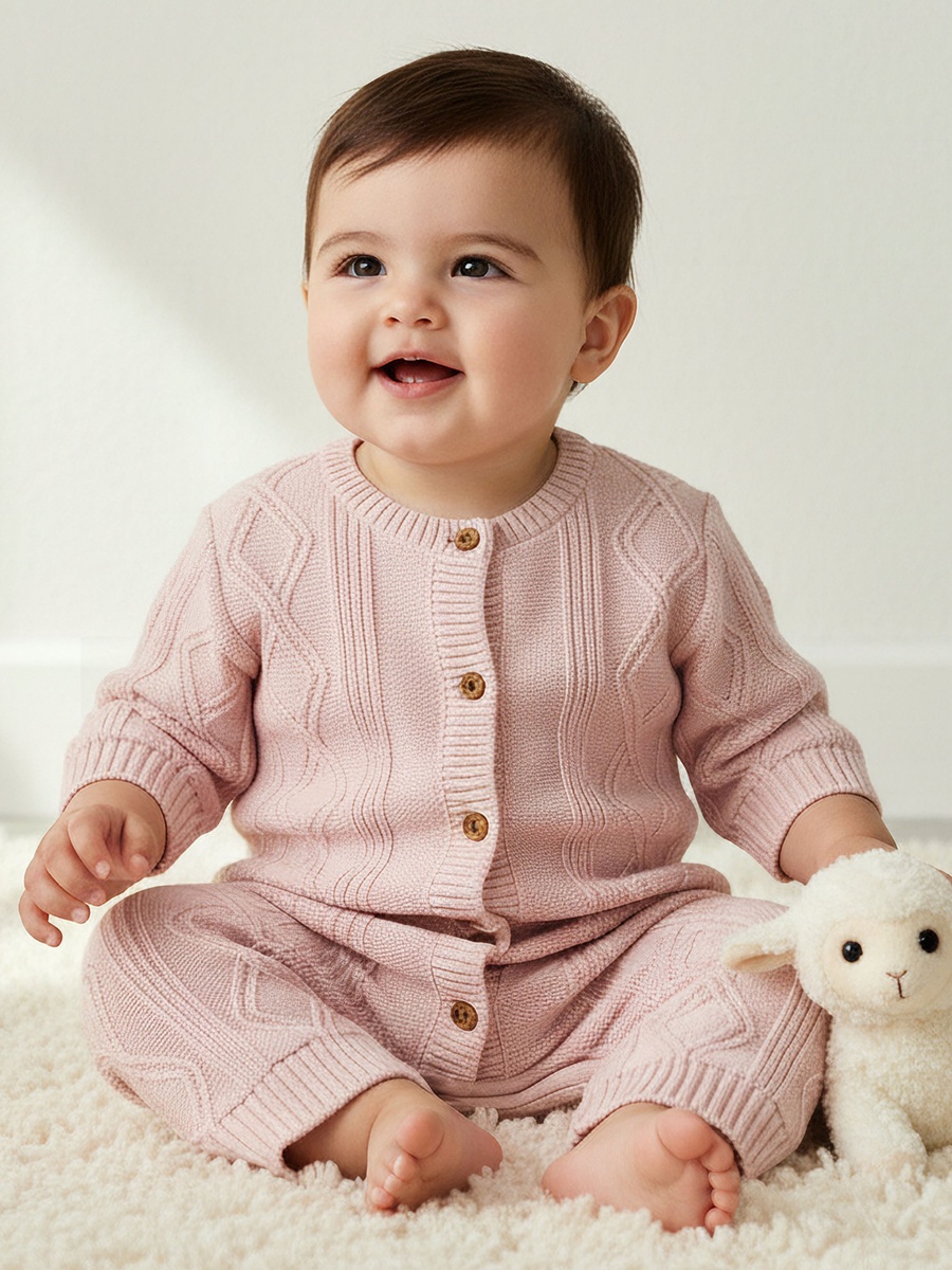 Cotton Crew Neck Long Sleeves Sleepsuit with Knit Texture