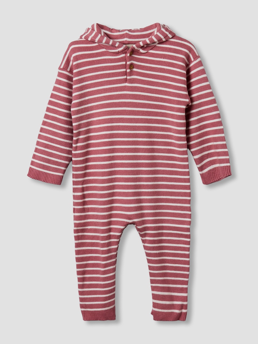 Cotton Hooded Long Sleeves Sleepsuit with Stripes
