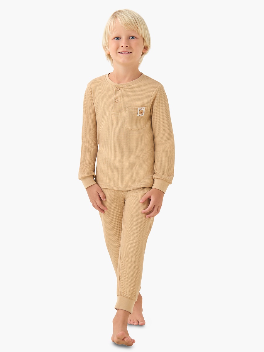 Cotton Henley Neck Long Sleeves Pyjama Set with Waffle Texture