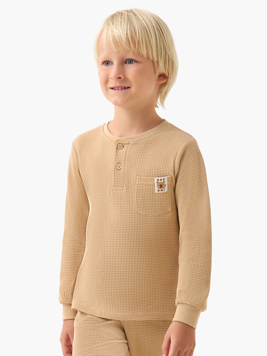 Cotton Henley Neck Long Sleeves Pyjama Set with Waffle Texture