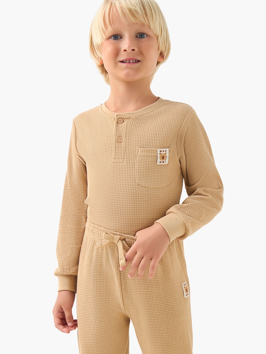 Cotton Henley Neck Long Sleeves Pyjama Set with Waffle Texture