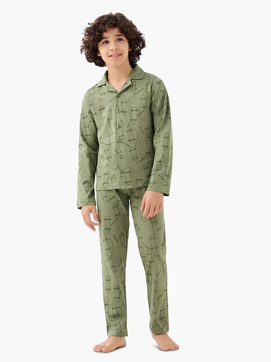 Cotton Collared Long Sleeve Pyjama Set with Skateboard Print