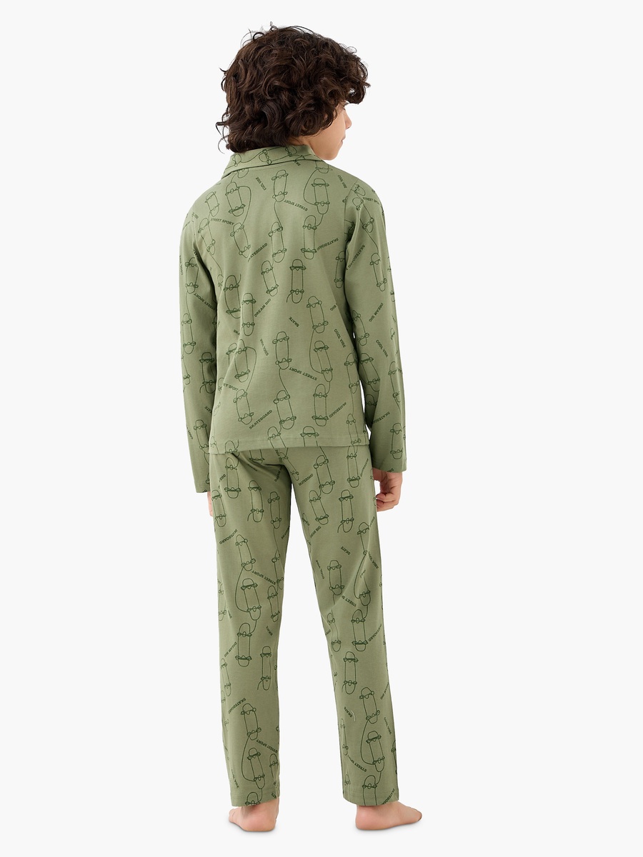 Cotton Collared Long Sleeve Pyjama Set with Skateboard Print