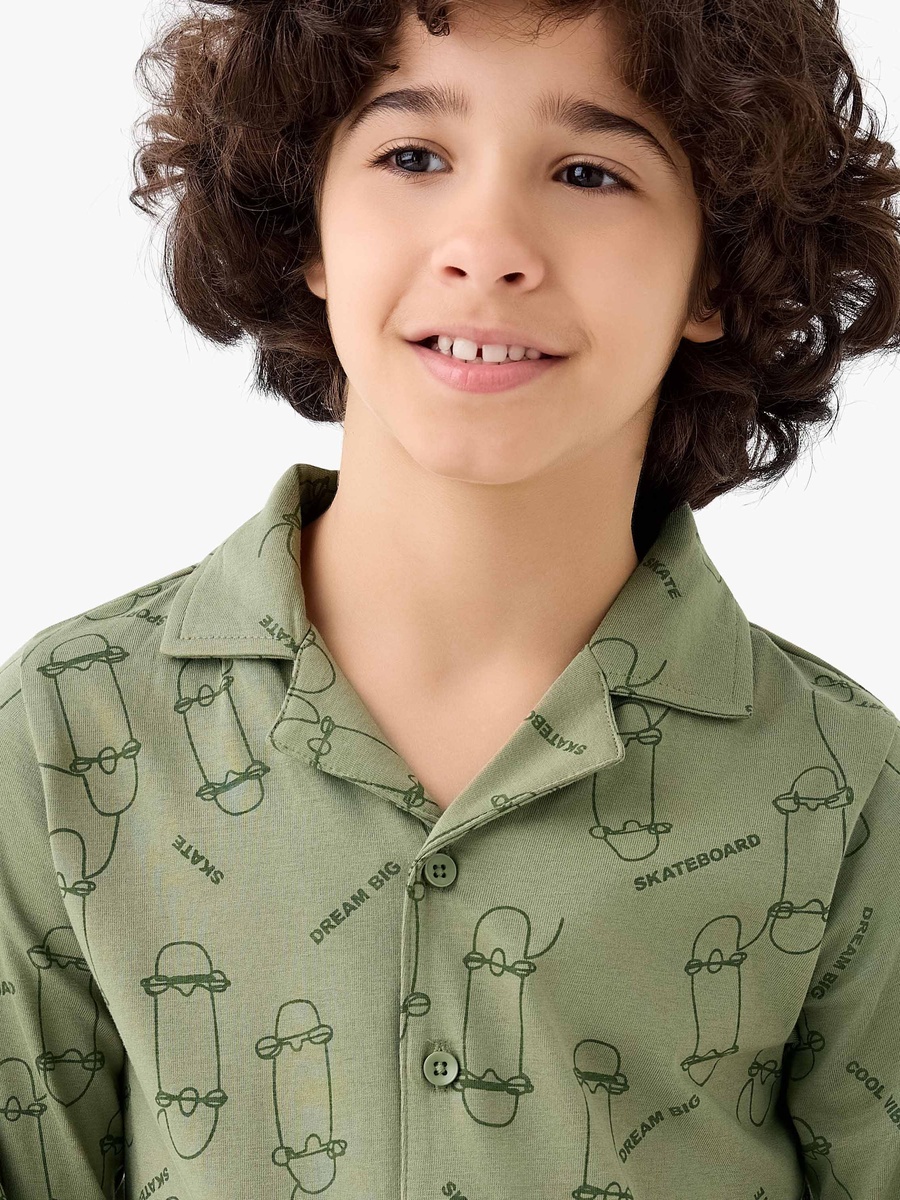 Cotton Collared Long Sleeve Pyjama Set with Skateboard Print