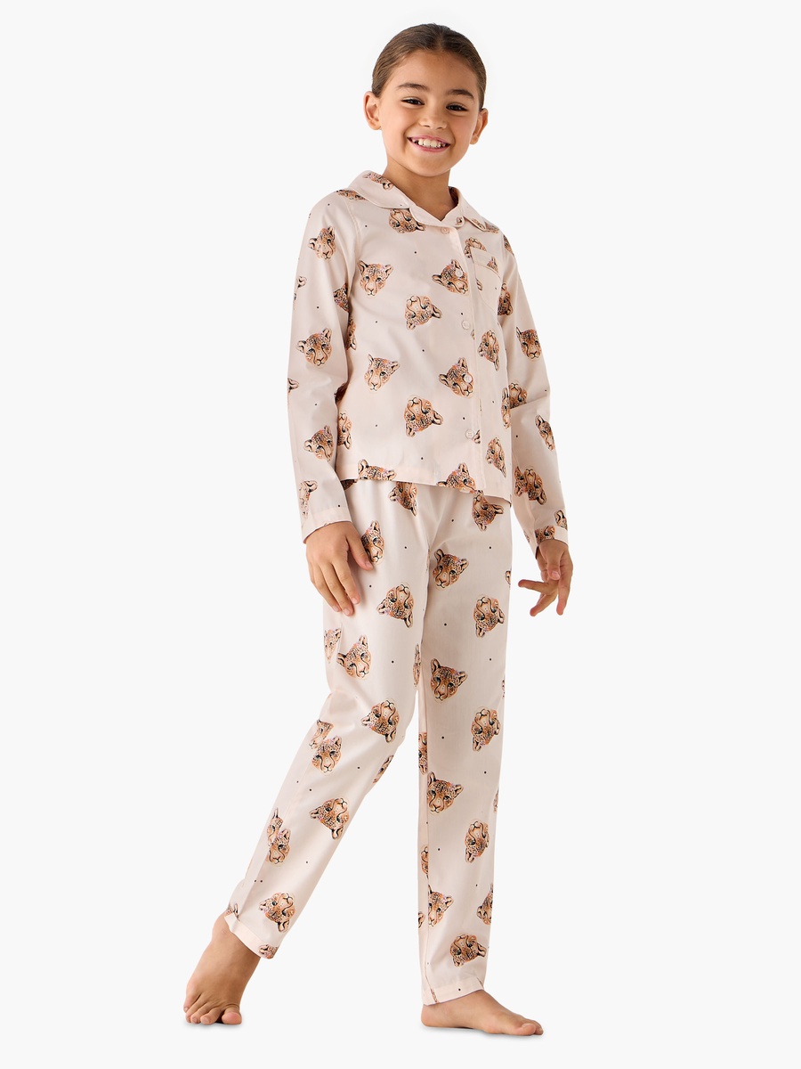 Cotton Notch Collar Long Sleeve Pyjama Set with Leopard Print