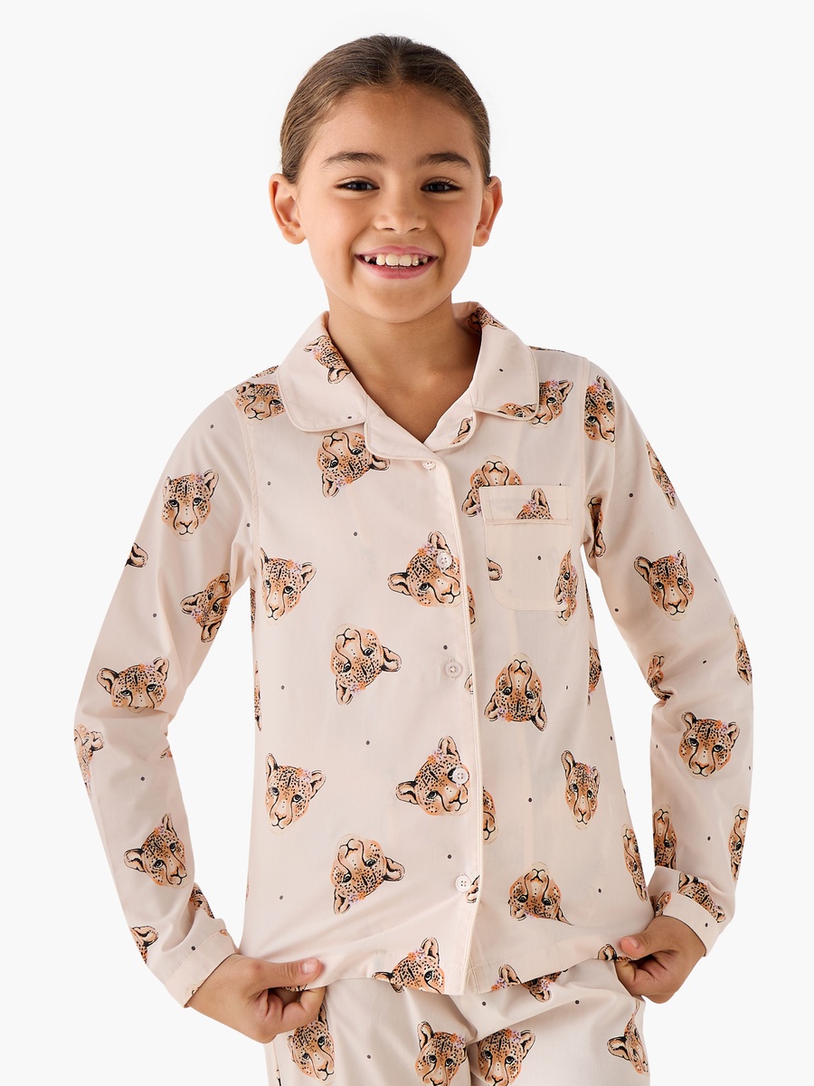 Cotton Notch Collar Long Sleeve Pyjama Set with Leopard Print