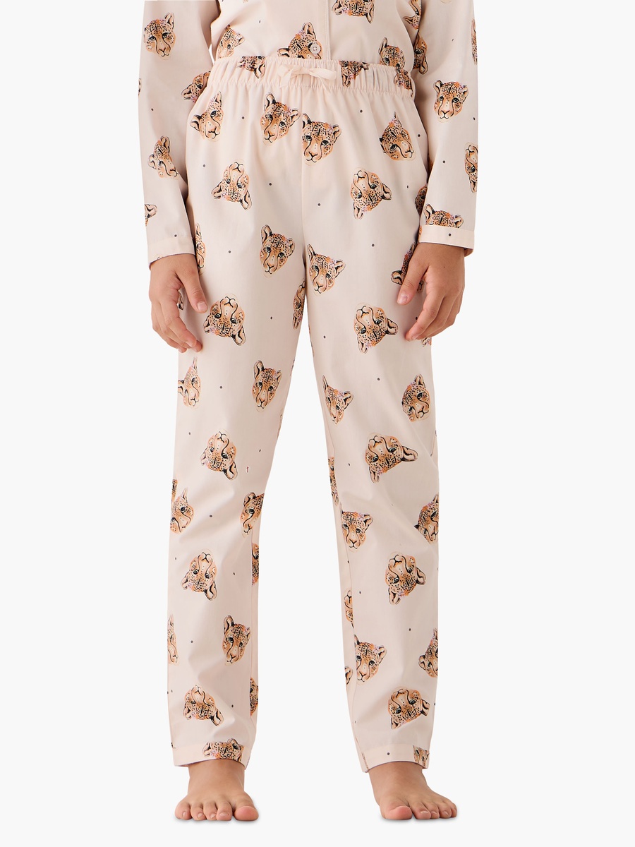 Cotton Notch Collar Long Sleeve Pyjama Set with Leopard Print