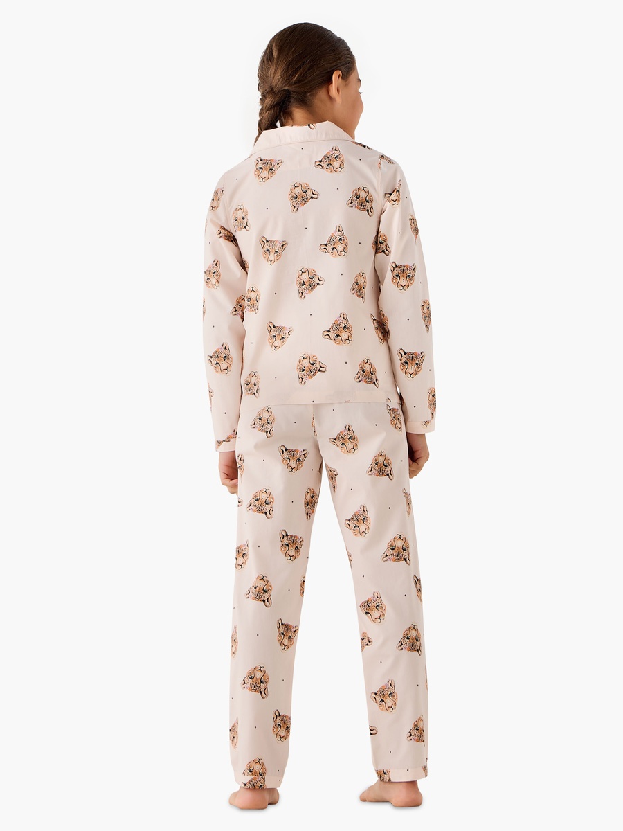Cotton Notch Collar Long Sleeve Pyjama Set with Leopard Print
