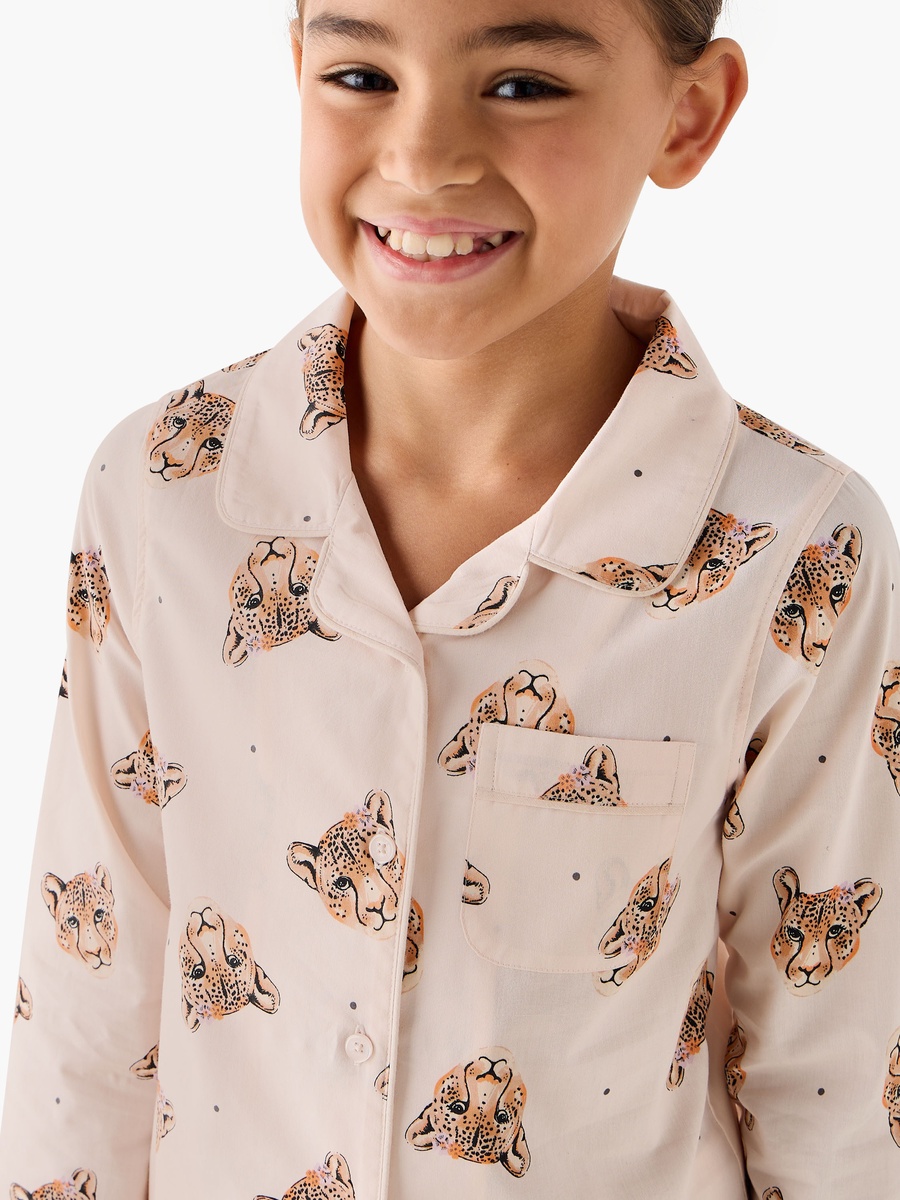 Cotton Notch Collar Long Sleeve Pyjama Set with Leopard Print
