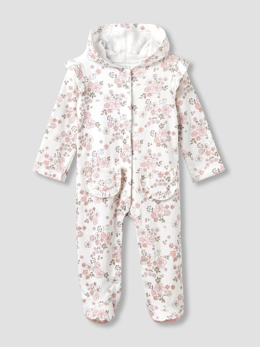 Cotton Hooded Long Sleeve Sleepsuit with Floral Print