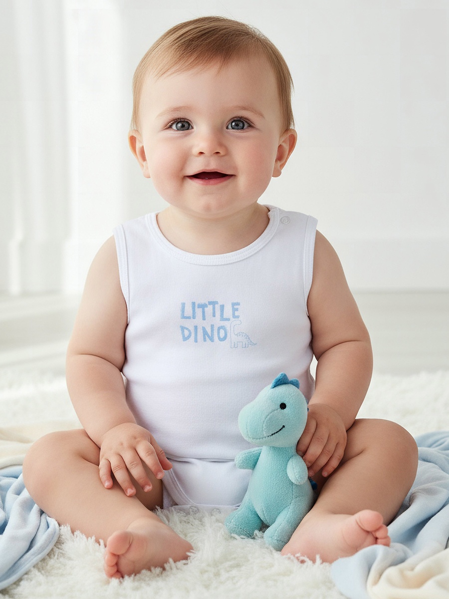 Pack of 5 Cotton Round Neck Sleeveless Bodysuit with Dinosaur Print