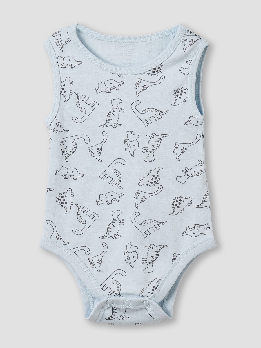 Pack of 5 Cotton Round Neck Sleeveless Bodysuit with Dinosaur Print