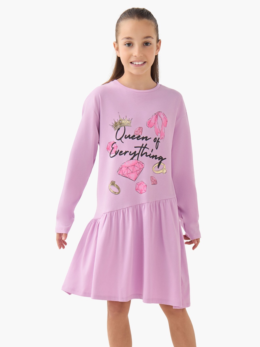 Round Neck Long Sleeves A-Line Dress with Graphic Print