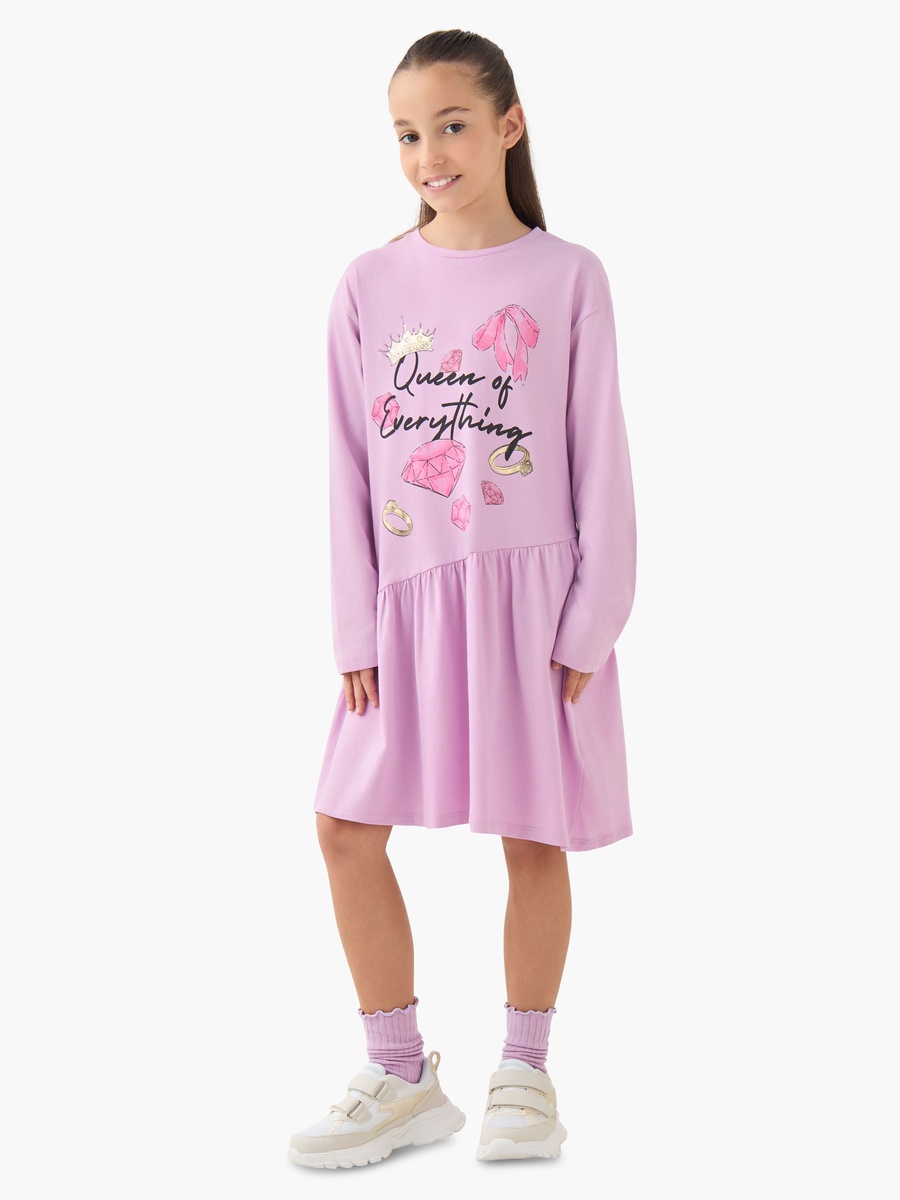 Round Neck Long Sleeves A-Line Dress with Graphic Print