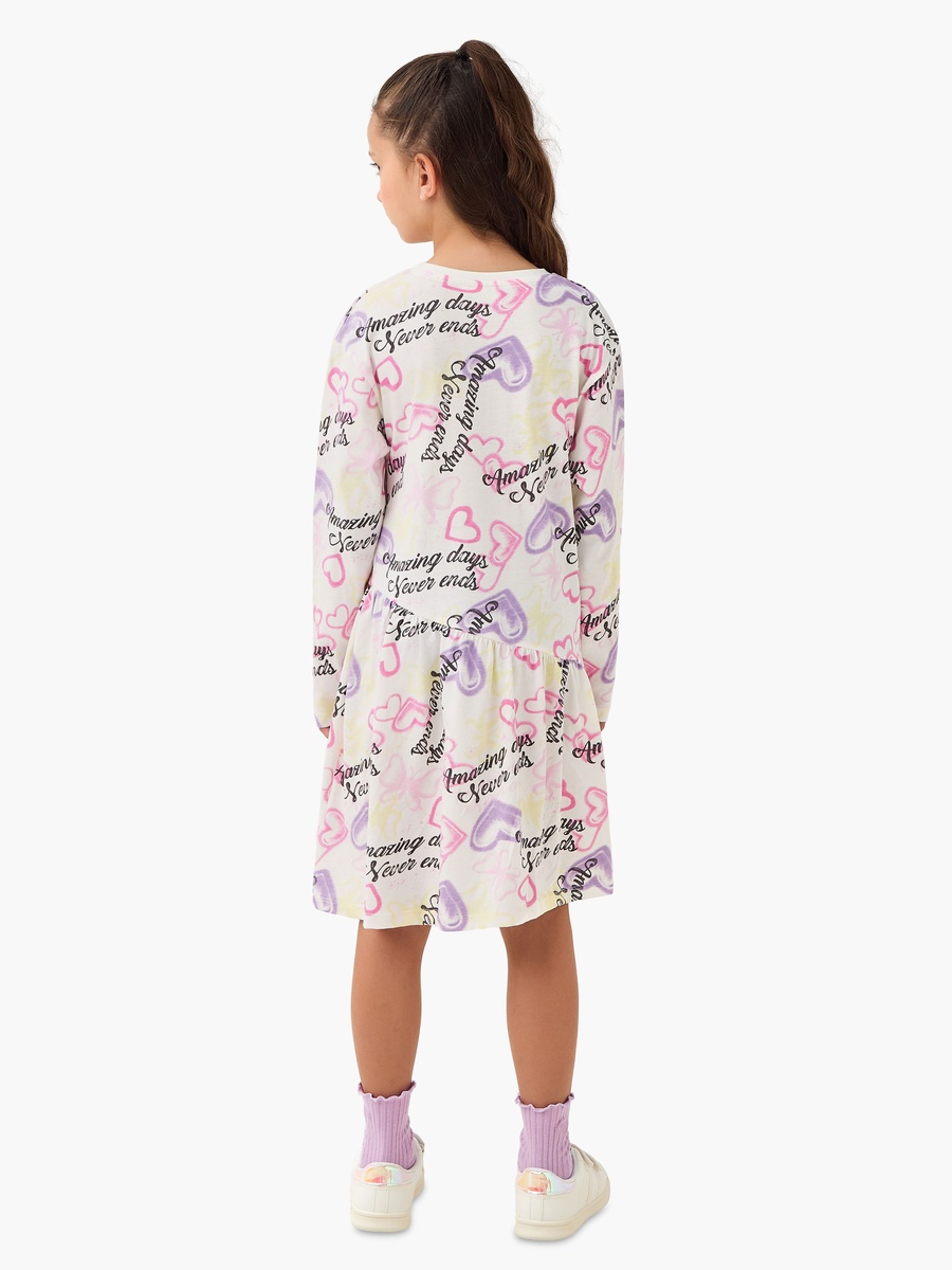 Round Neck Long Sleeve Dress with Heart Print