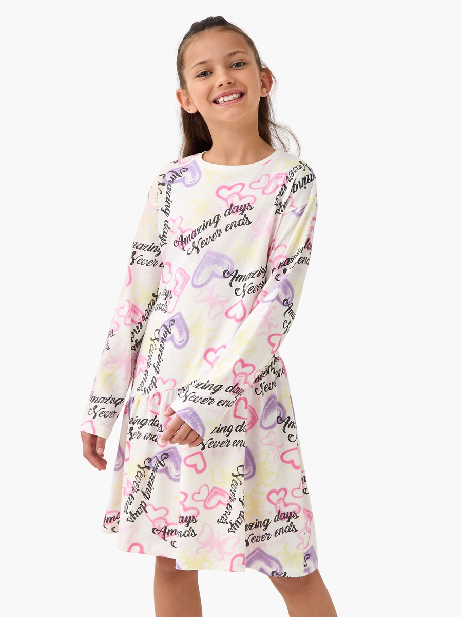 Round Neck Long Sleeve Dress with Heart Print