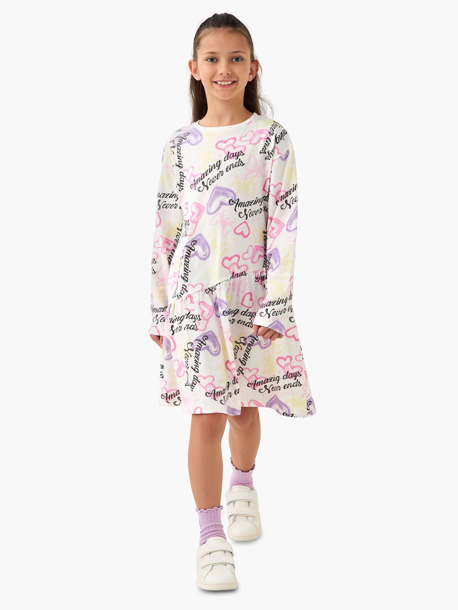 Round Neck Long Sleeve Dress with Heart Print