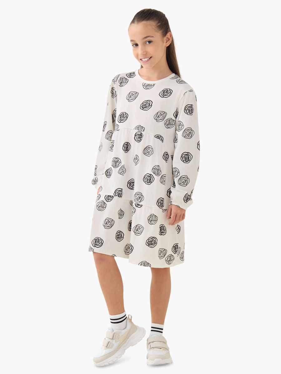 Round Neck Long Sleeves Drop Waist Dress with Floral Print