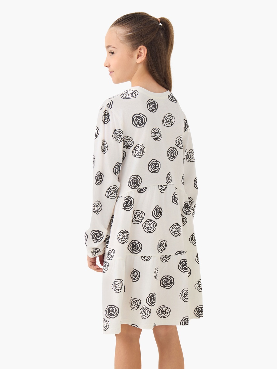 Round Neck Long Sleeves Drop Waist Dress with Floral Print