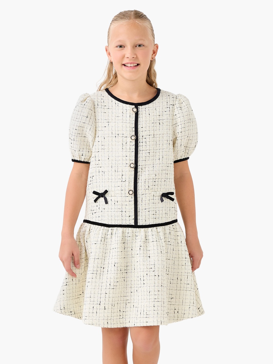 Round Neck Short Sleeves Knee Length Dress with Tweed Detail