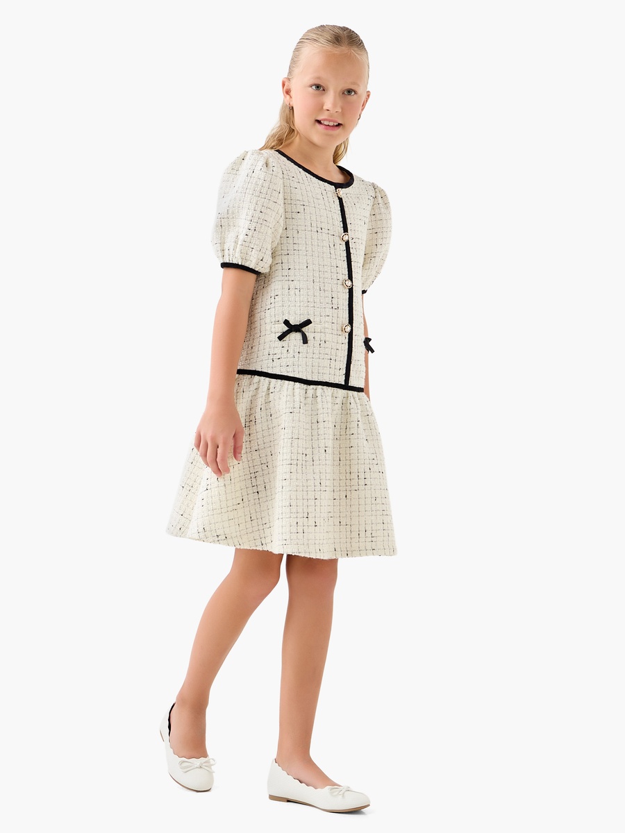 Round Neck Short Sleeves Knee Length Dress with Tweed Detail