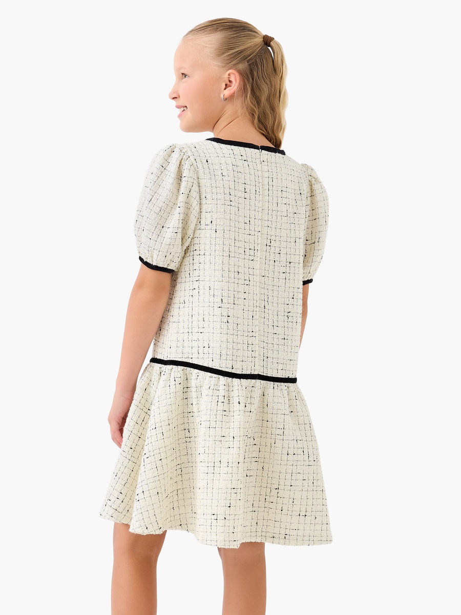 Round Neck Short Sleeves Knee Length Dress with Tweed Detail