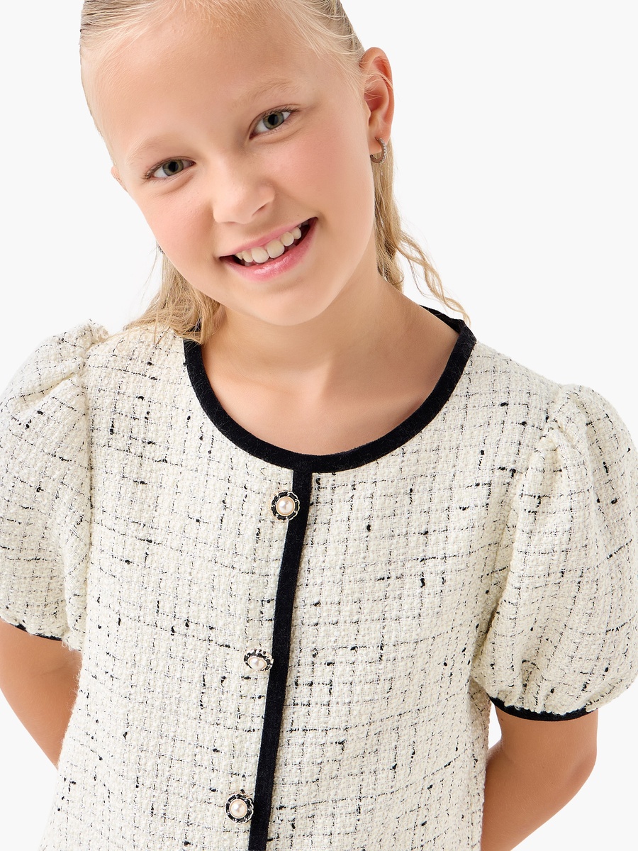 Round Neck Short Sleeves Knee Length Dress with Tweed Detail