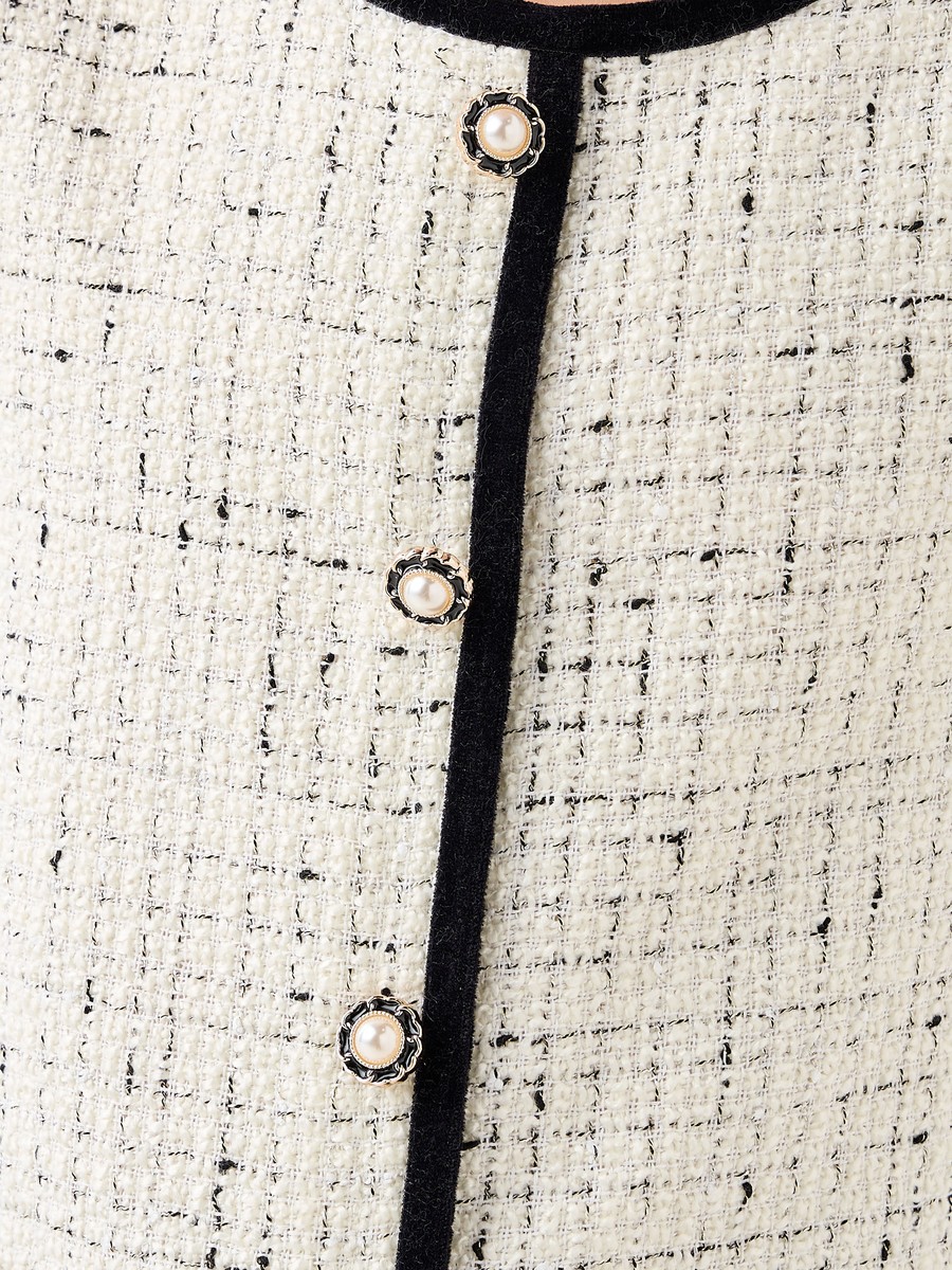 Round Neck Short Sleeves Knee Length Dress with Tweed Detail