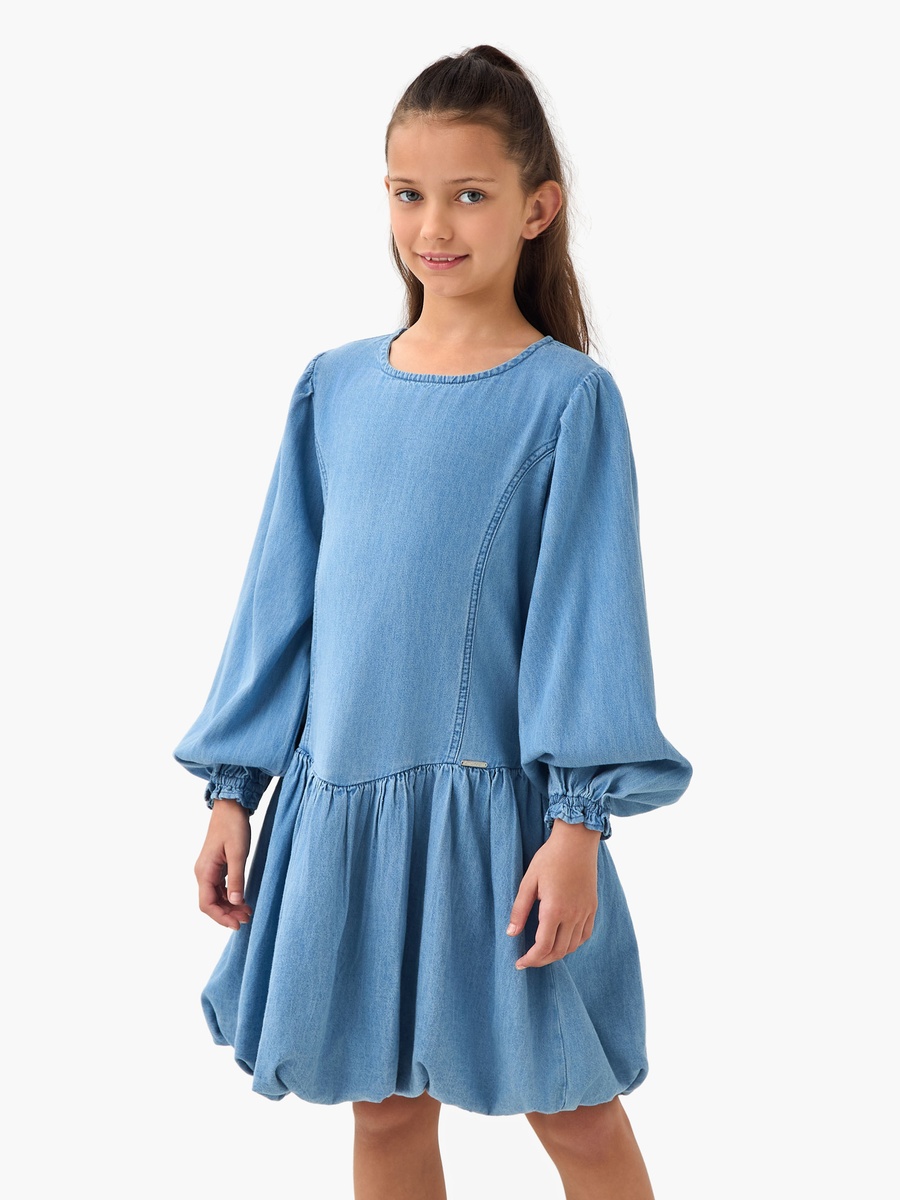 Round Neck Balloon Sleeves Denim Dress with Button Closure