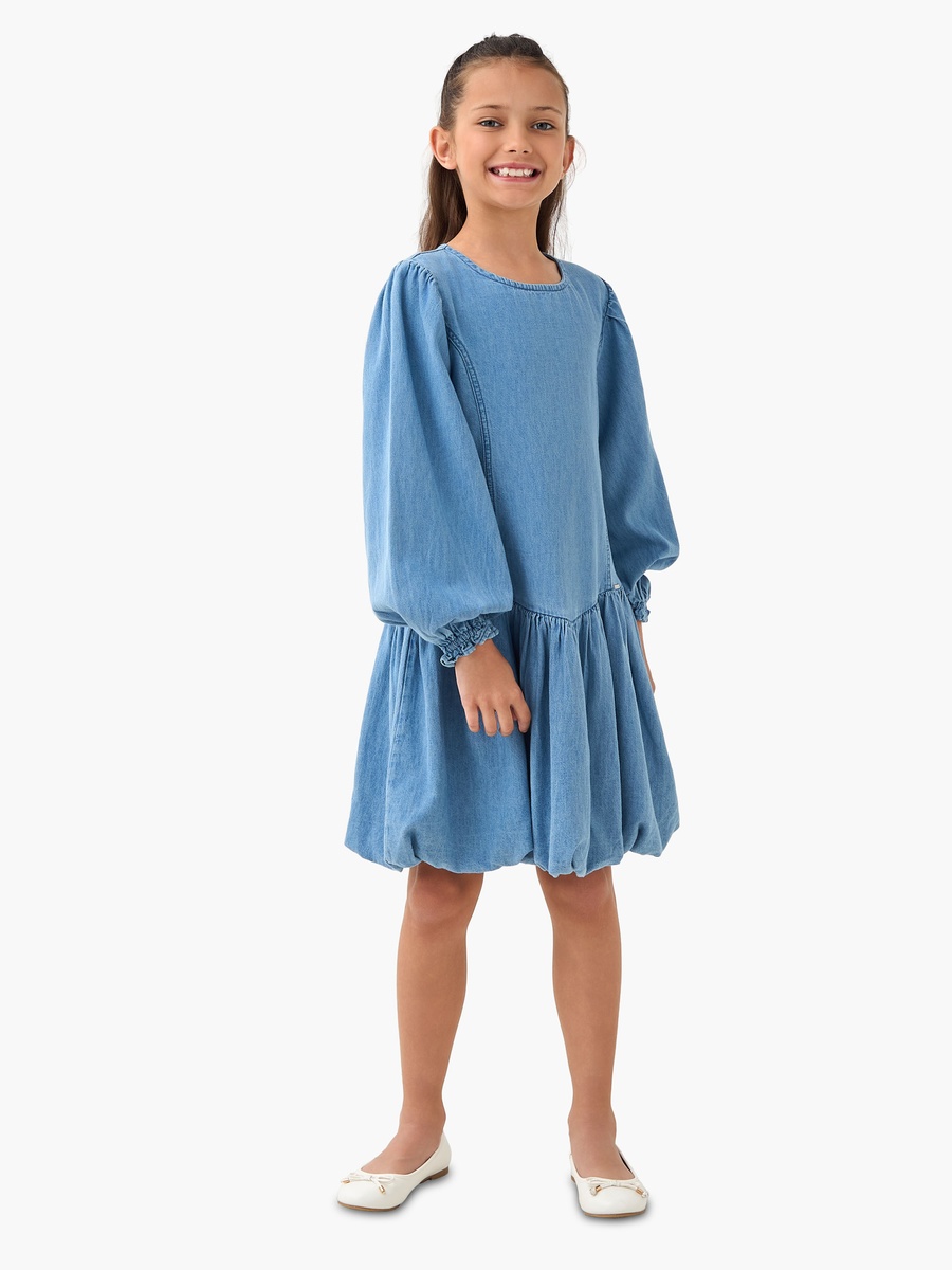 Round Neck Balloon Sleeves Denim Dress with Button Closure