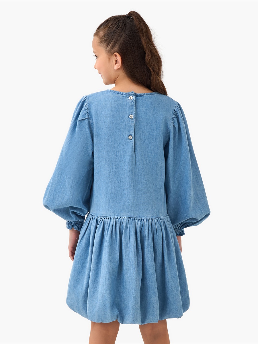 Round Neck Balloon Sleeves Denim Dress with Button Closure