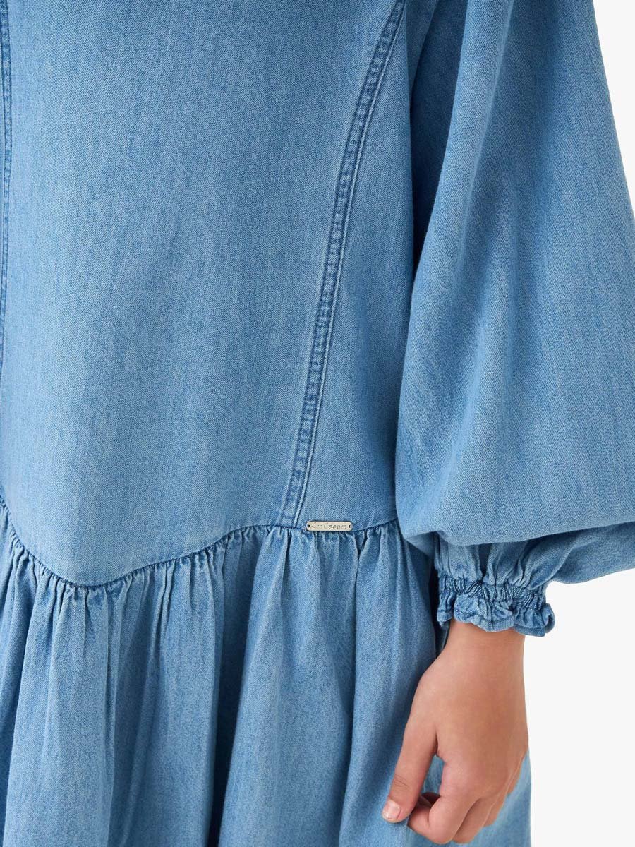 Round Neck Balloon Sleeves Denim Dress with Button Closure