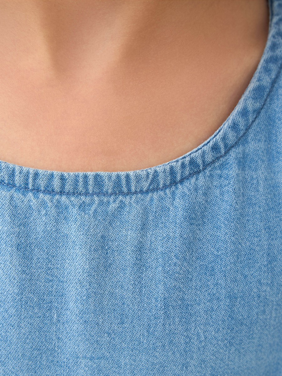 Round Neck Balloon Sleeves Denim Dress with Button Closure