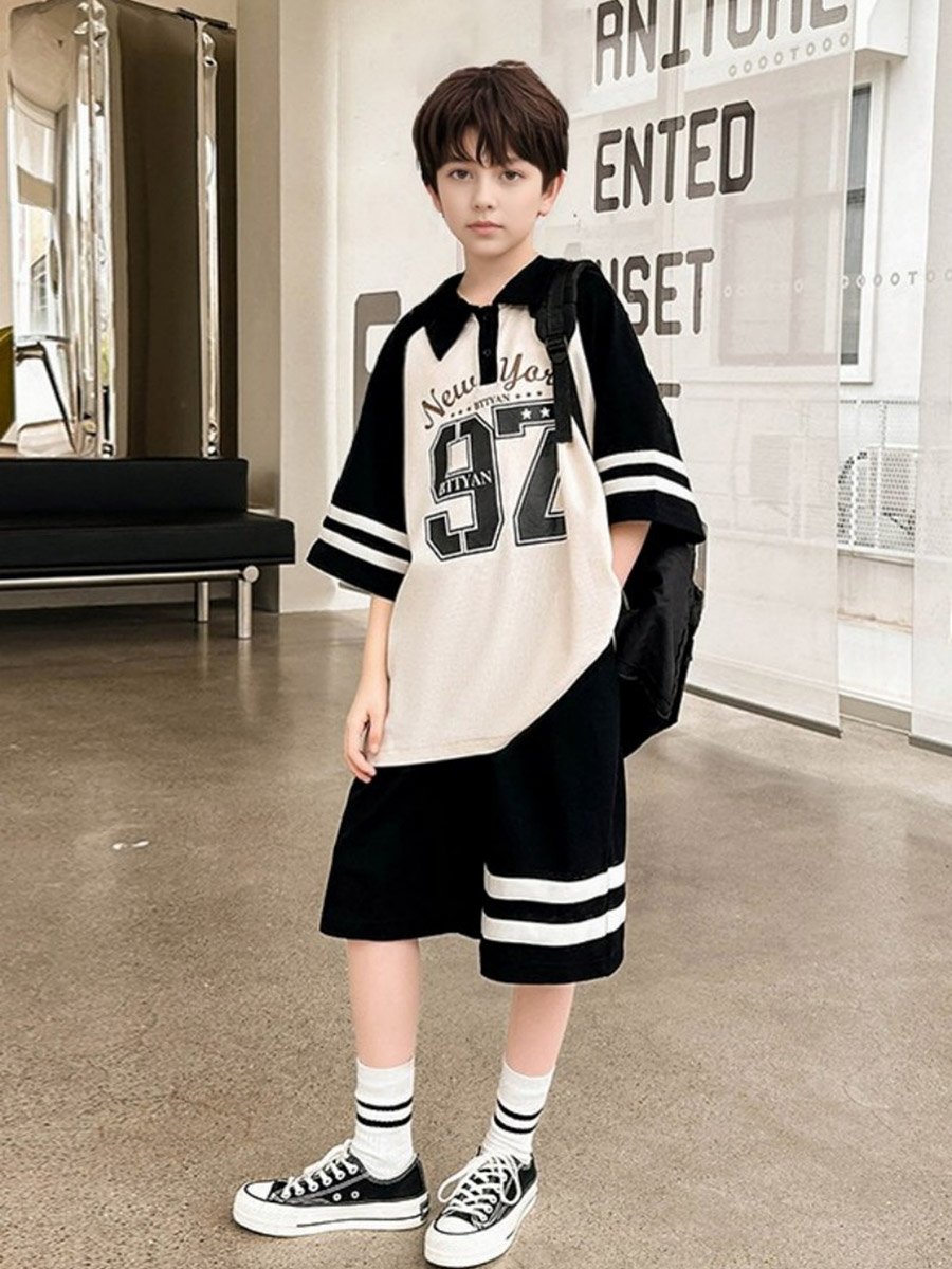 Boys Color Block Graphic Polo T-Shirt and Shorts Set