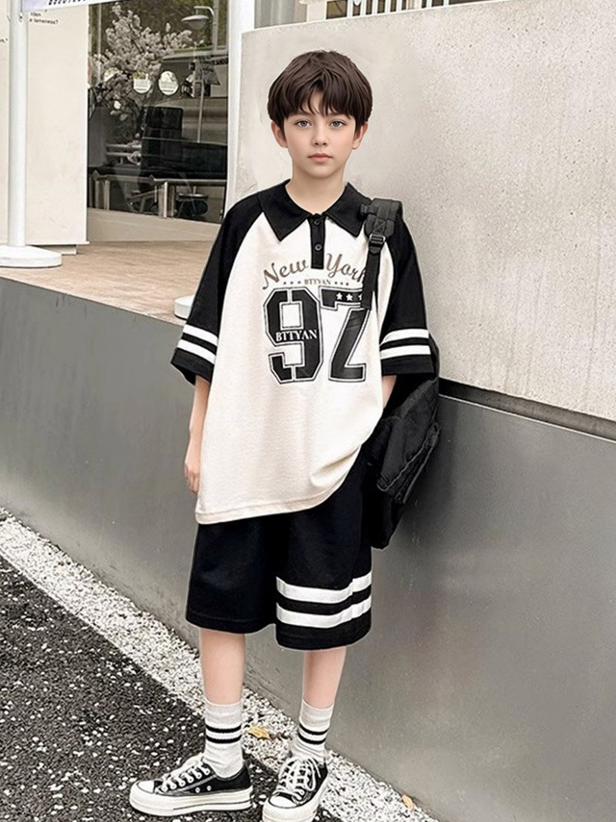 Boys Color Block Graphic Polo T-Shirt and Shorts Set