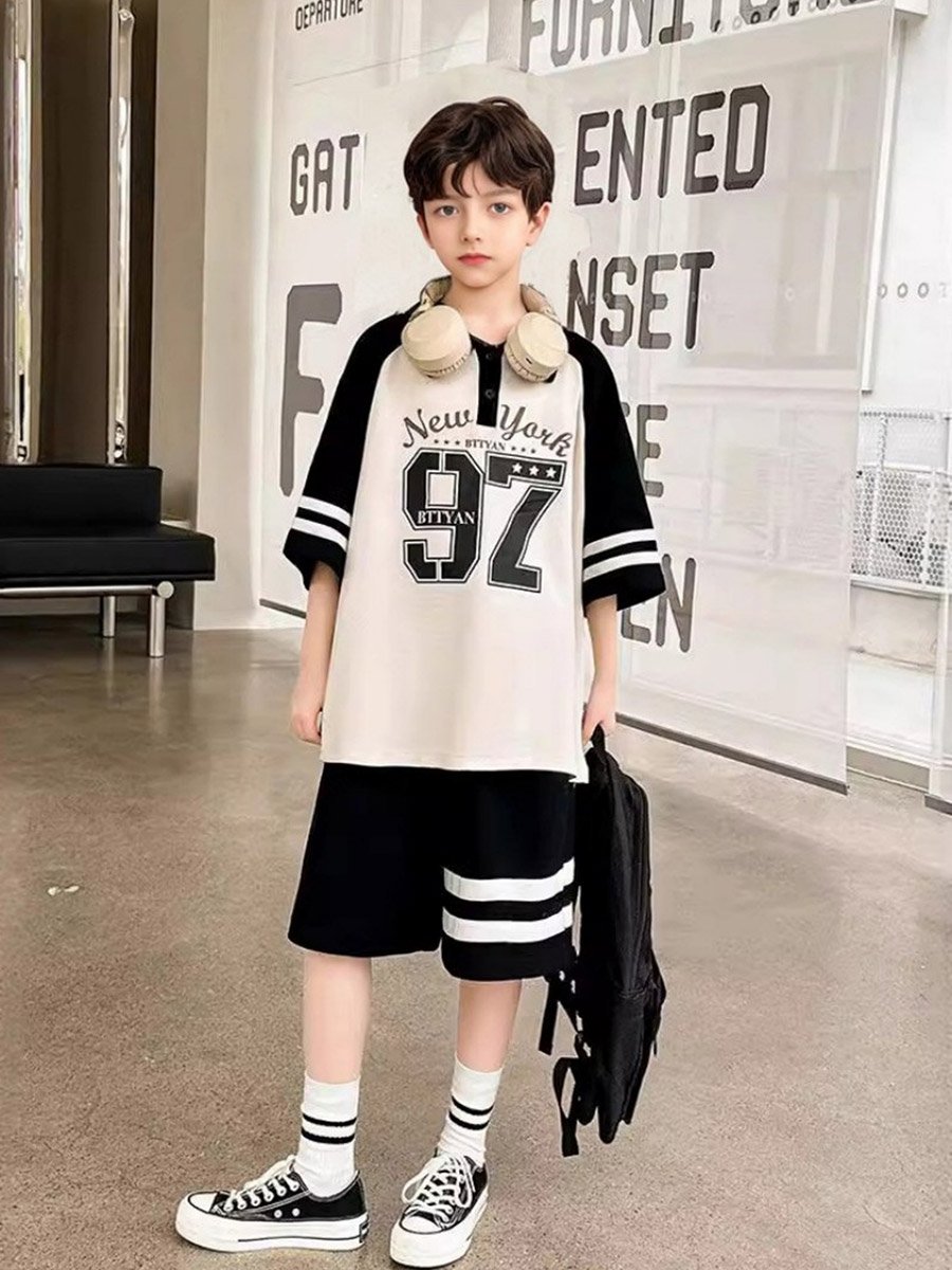 Boys Color Block Graphic Polo T-Shirt and Shorts Set