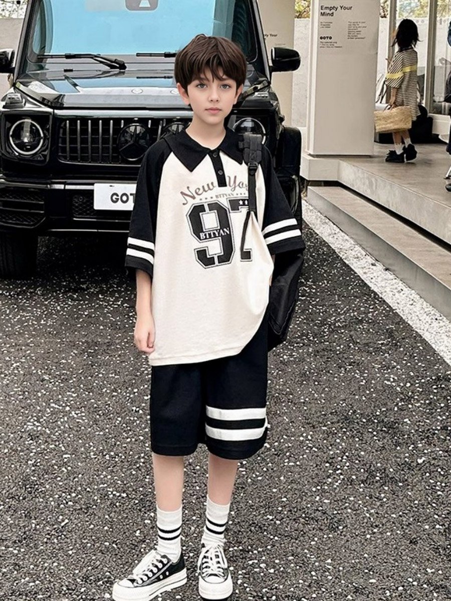 Boys Color Block Graphic Polo T-Shirt and Shorts Set