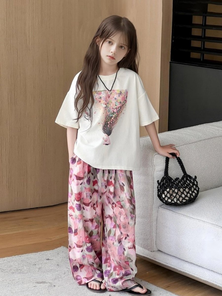 Girls Graphic Print T-Shirt and Wide Leg Pants Set