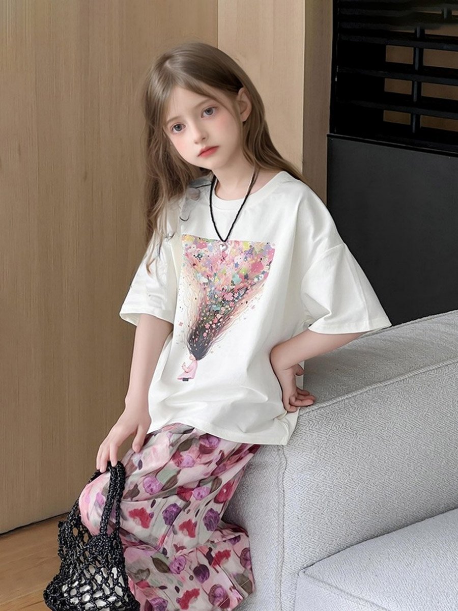 Girls Graphic Print T-Shirt and Wide Leg Pants Set