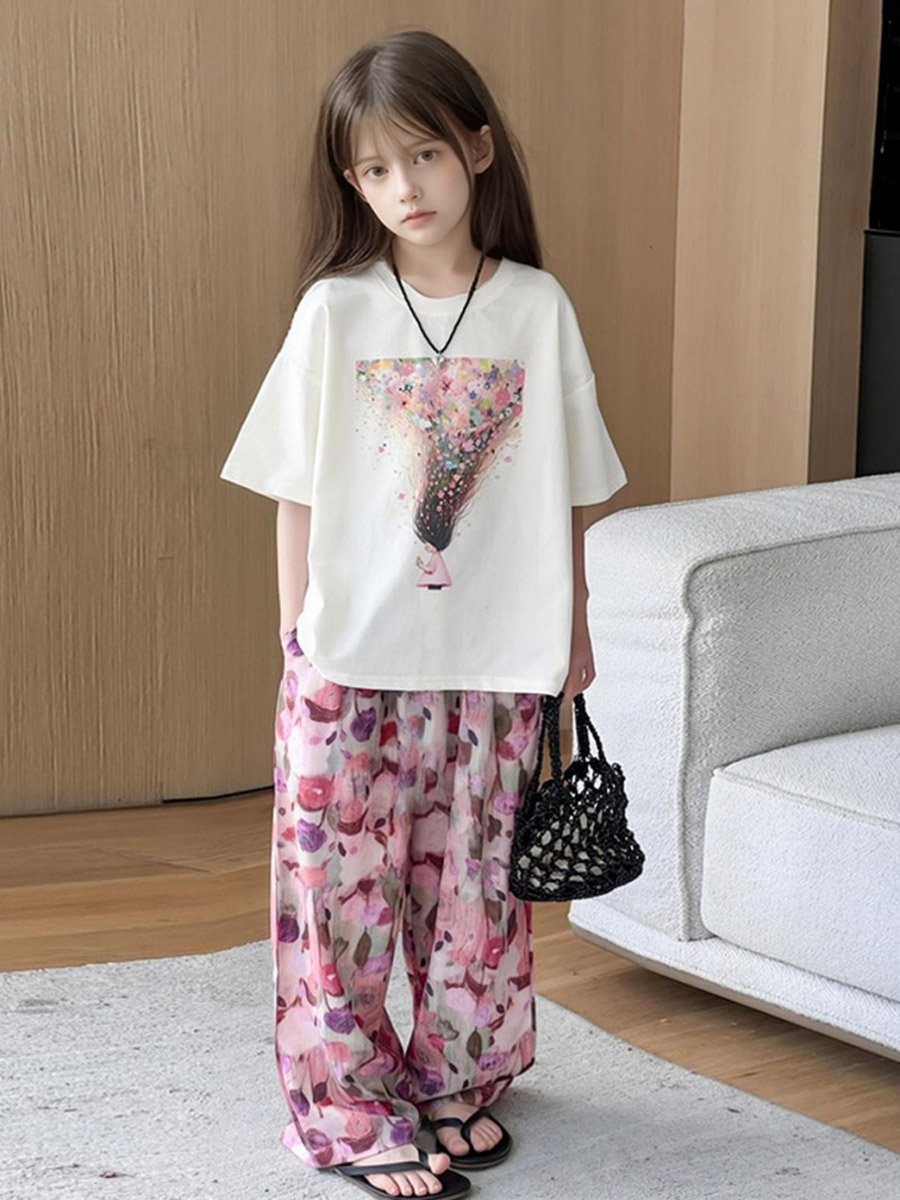 Girls Graphic Print T-Shirt and Wide Leg Pants Set