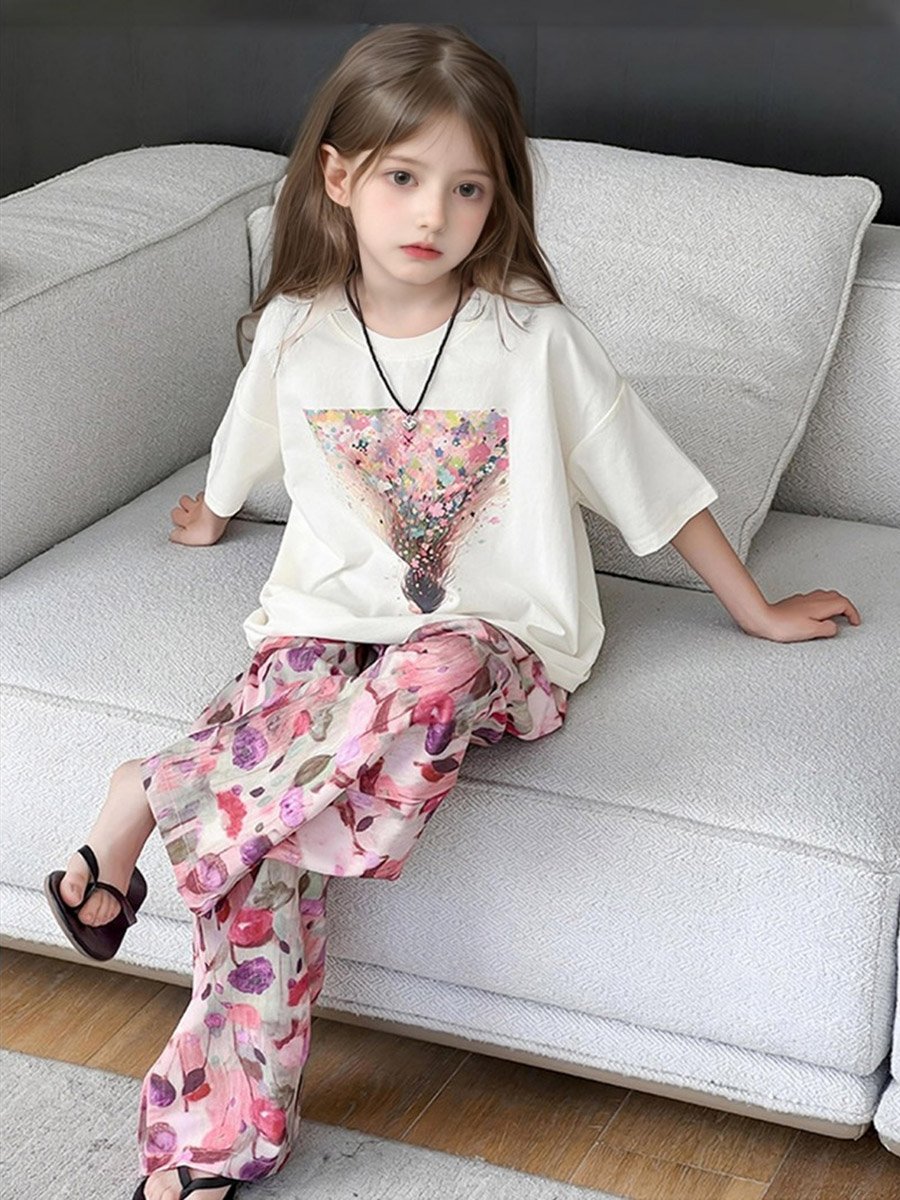 Girls Graphic Print T-Shirt and Wide Leg Pants Set