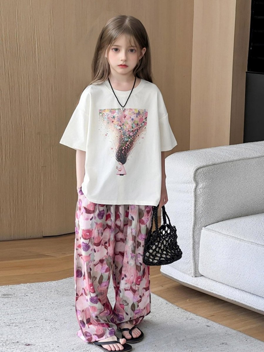Girls Graphic Print T-Shirt and Wide Leg Pants Set