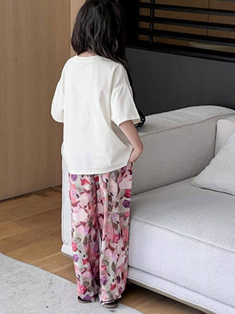 Girls Graphic Print T-Shirt and Wide Leg Pants Set