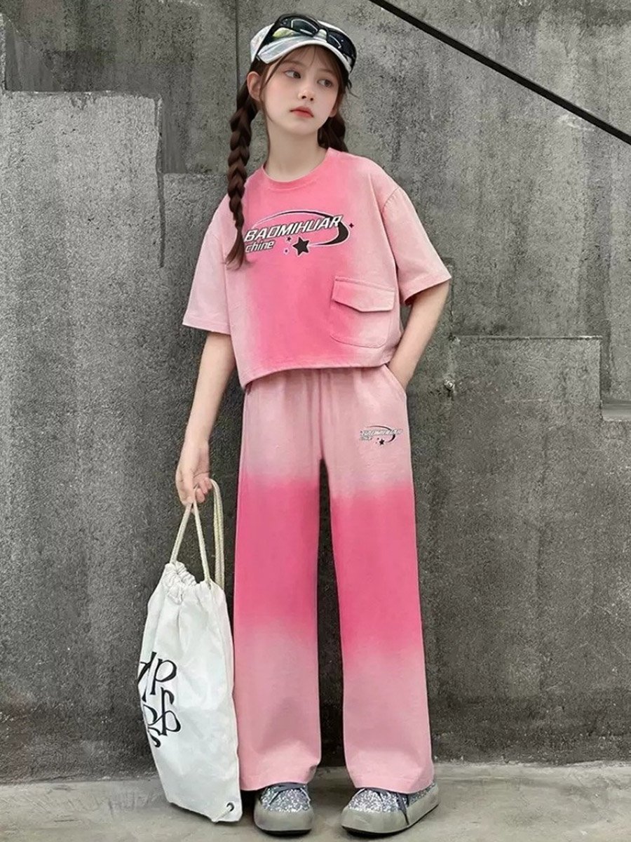 Girls Printed Tie-Dye Look T-Shirt and Pants Set