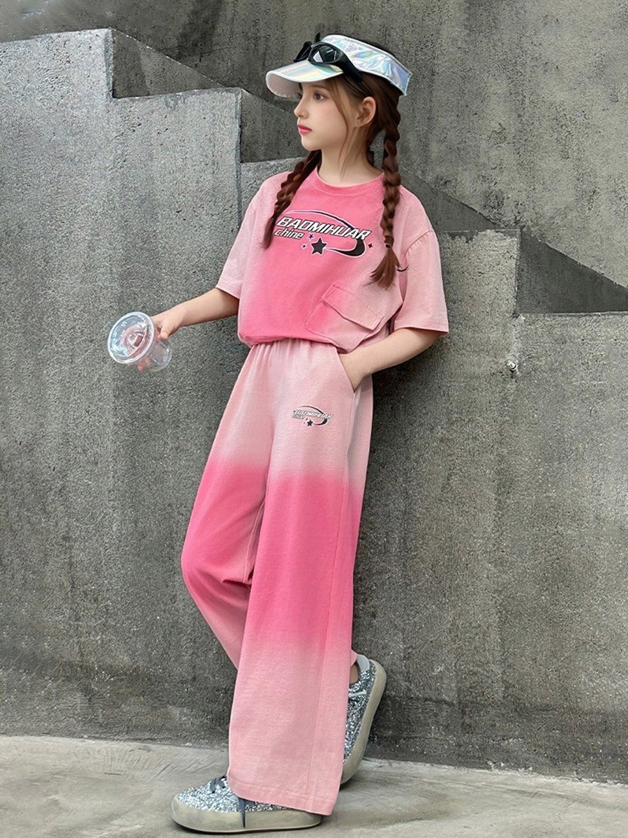 Girls Printed Tie-Dye Look T-Shirt and Pants Set