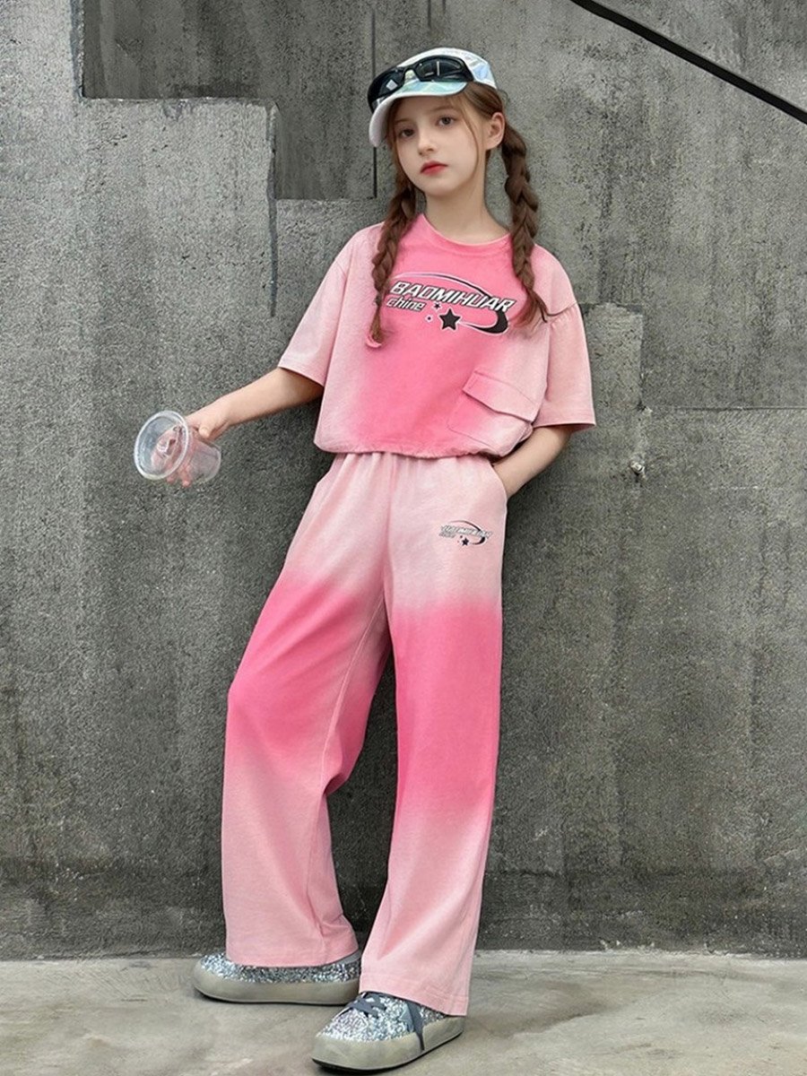 Girls Printed Tie-Dye Look T-Shirt and Pants Set