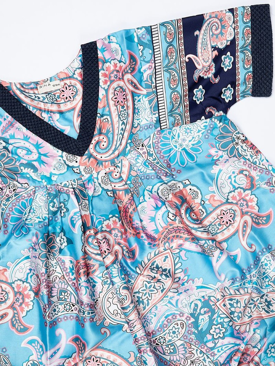 Printed V Neck Pleated Dress