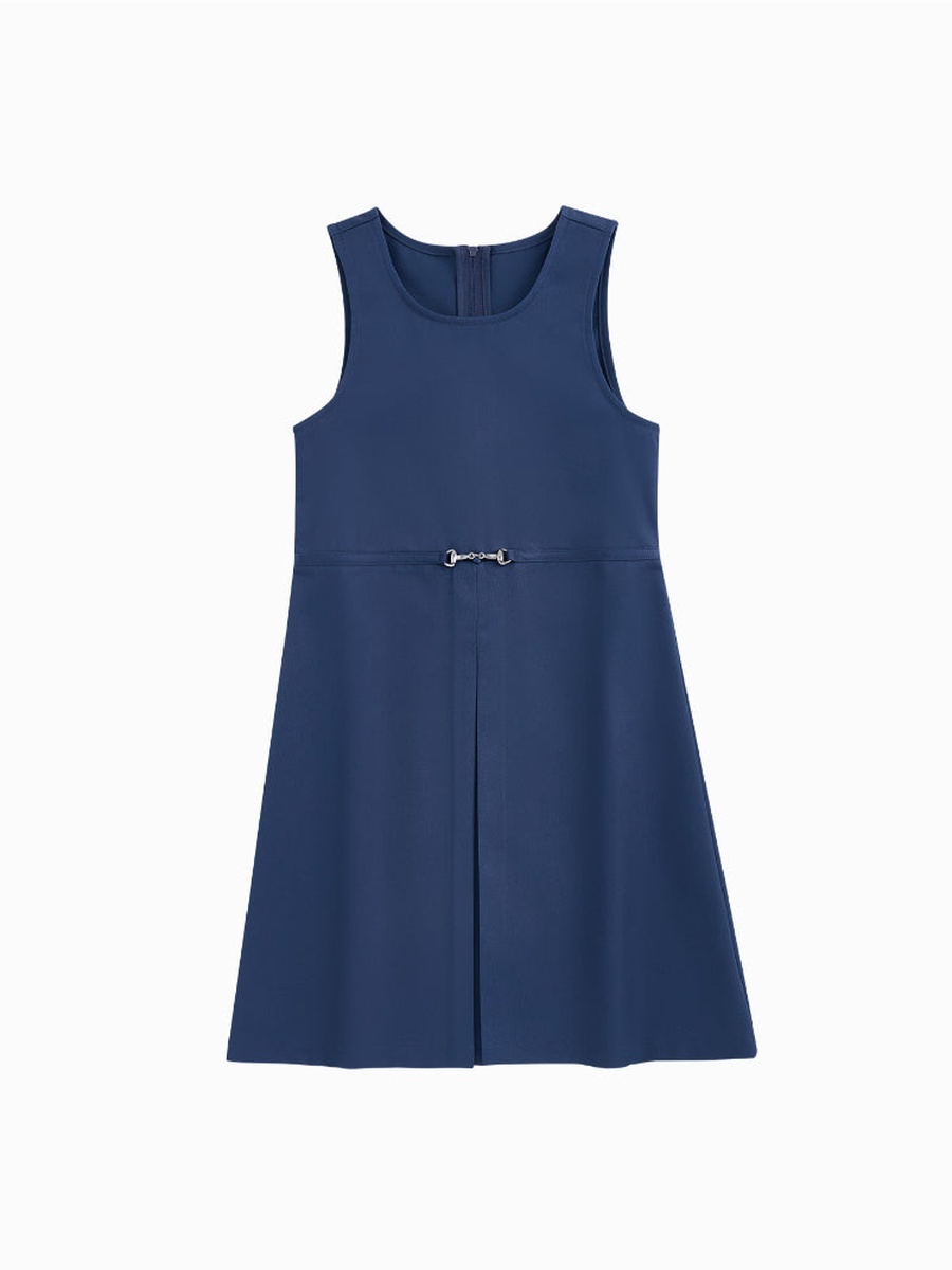 Solid Sleeveless Dress with Metal Buckle Detail and Back Zipper